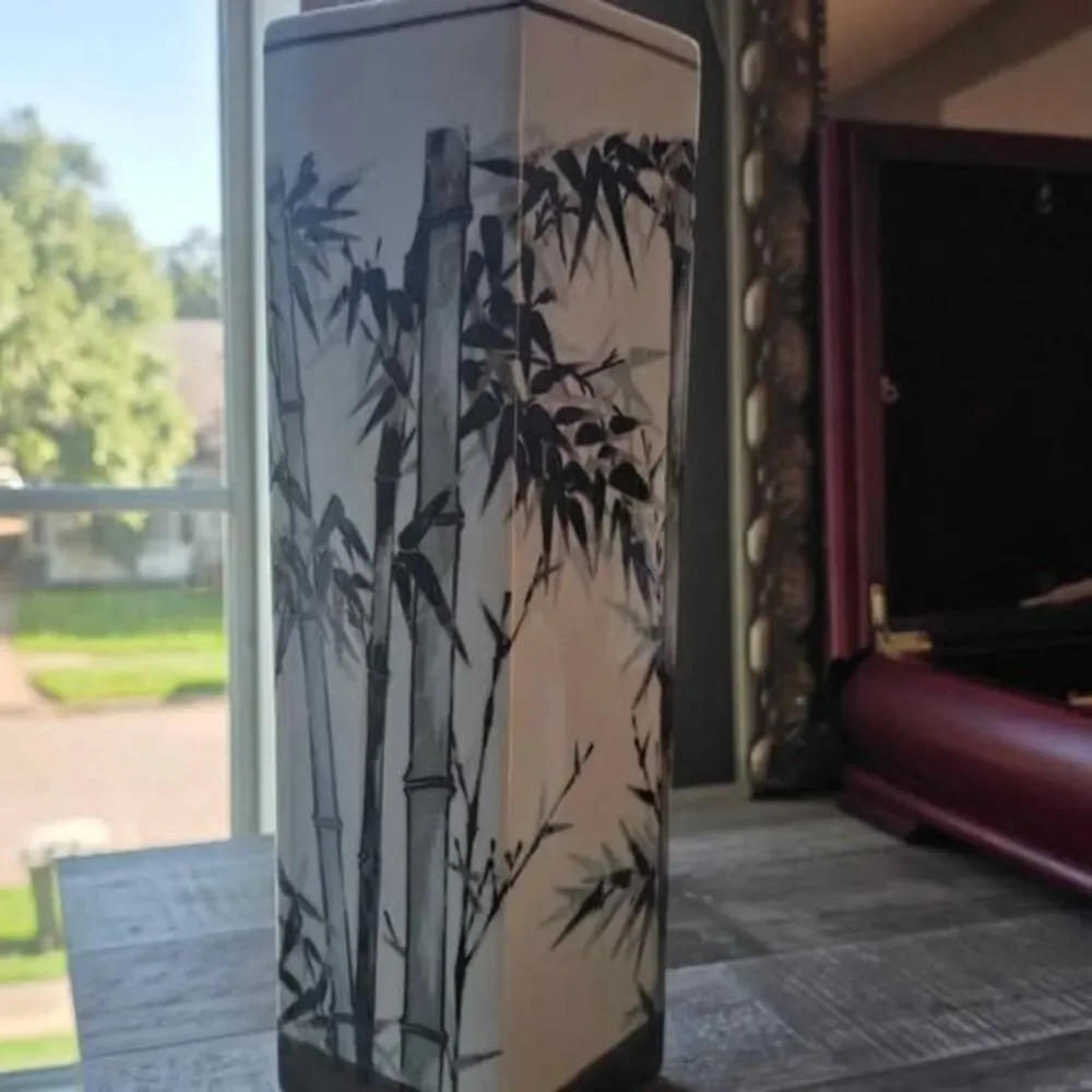 Vintage Pier 1 Imports ceramic square column vase hand-painted bamboo